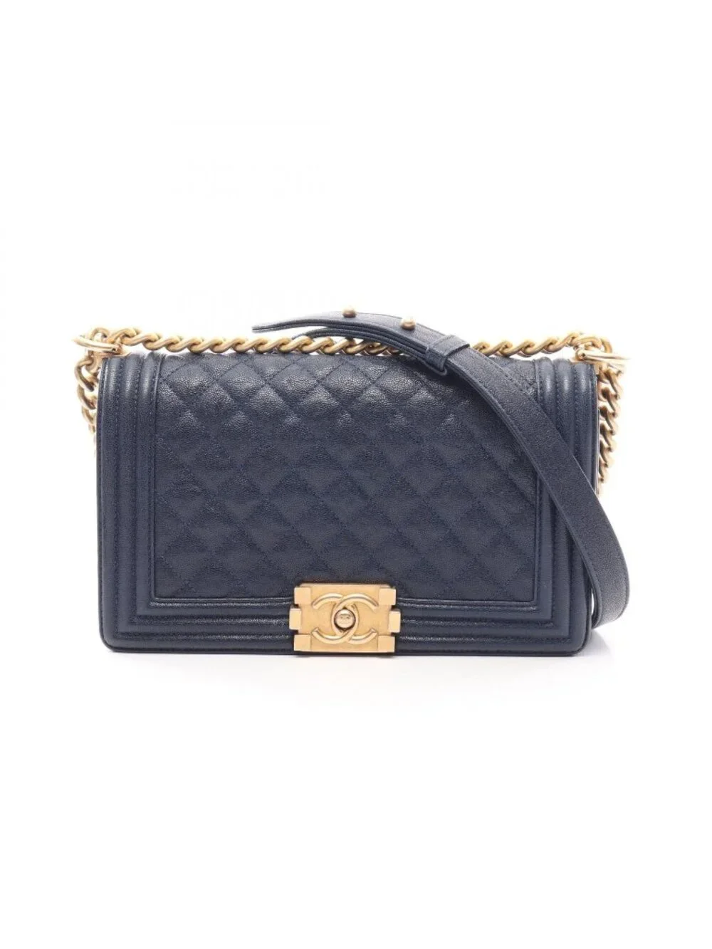 Chanel Shoulder Bag Boy Navy Caviar Leather Boy Chain